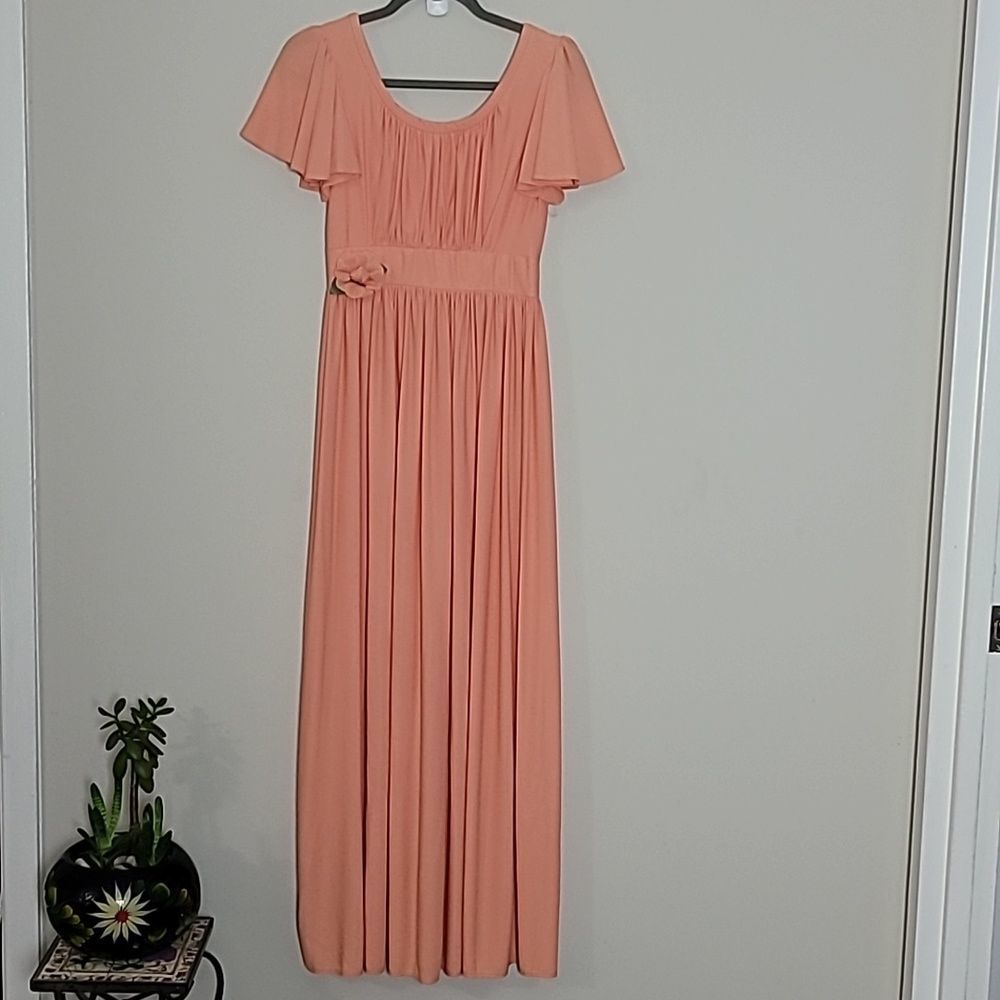 Vintage flutter sleeve empire waist midi dress Peach Handmade
